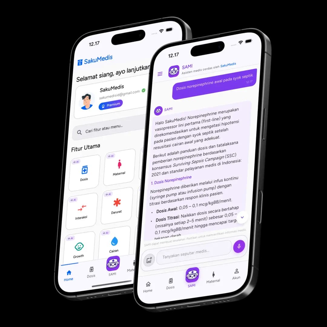 The SakuMedis app: home screen and a conversation with the SAMI assistant